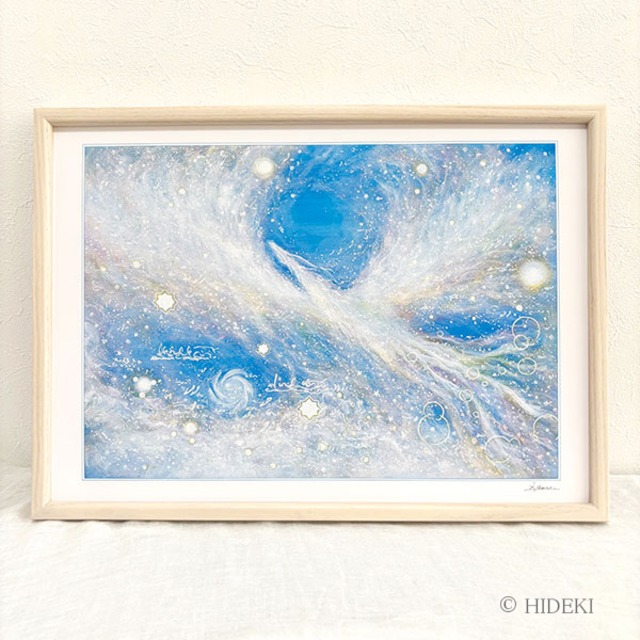 鳳凰の絵 風水 開運『彩雲』HIDEKI 直筆サイン入り ヒーリングアート スピリチュアルアート（A3横型額入り / HYMジクレー / 乳白アッシュフレーム・UVカット仕様）