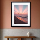 Footprints of Sunset｜夕陽に染まる海と鳥が描く幻想アートポスター｜静けさと希望をもたらす癒しのインテリアアートA3ポスター