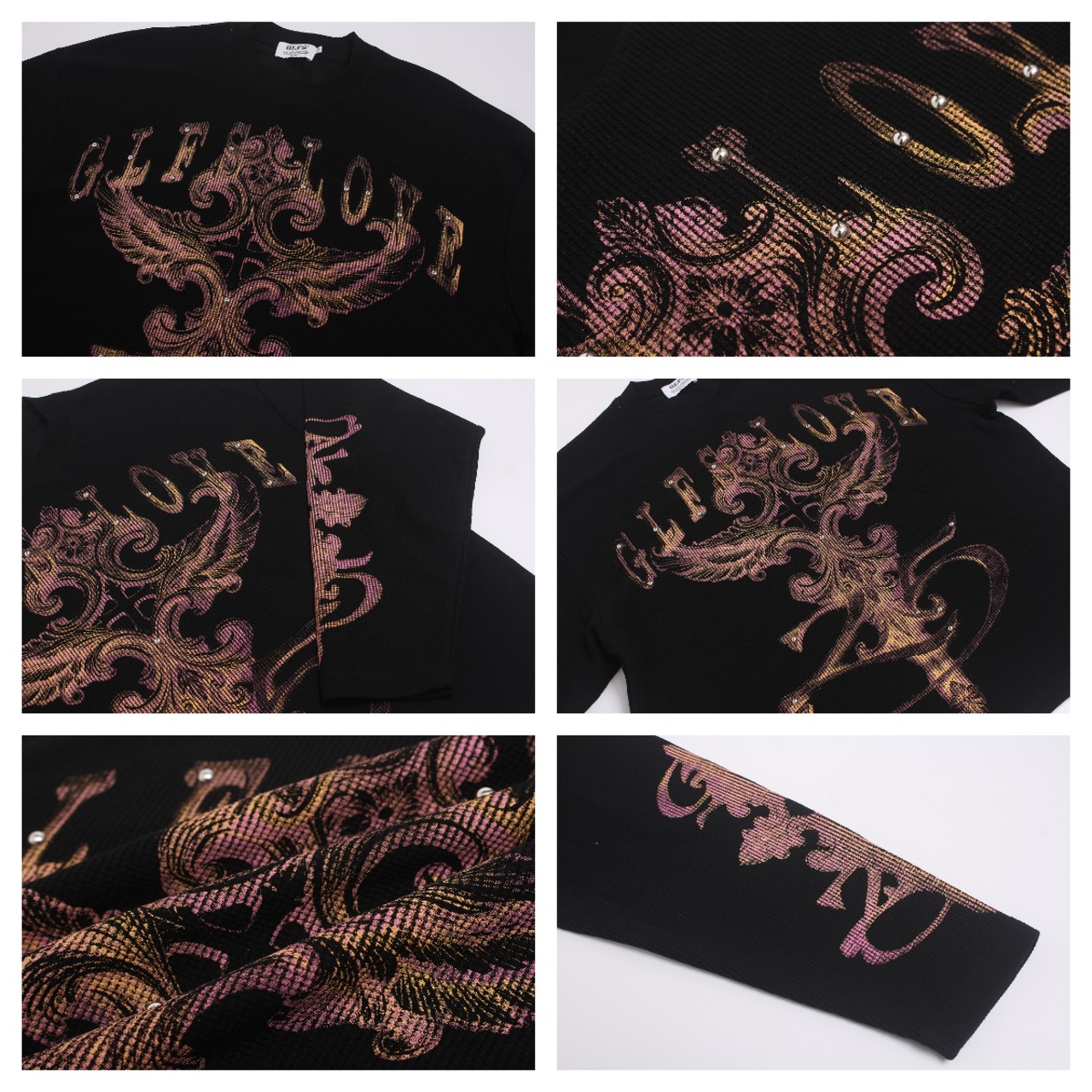 VINTAGE ストリート スタッズクロスプリント ワッフルロングTシャツ T2227