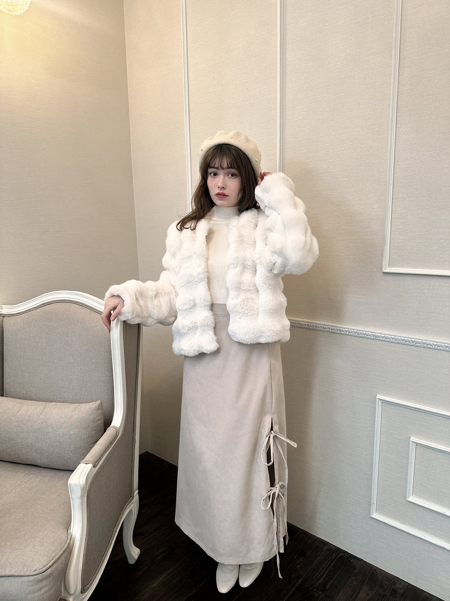 【LAST2】side slit ribbon skirt-BEIGE