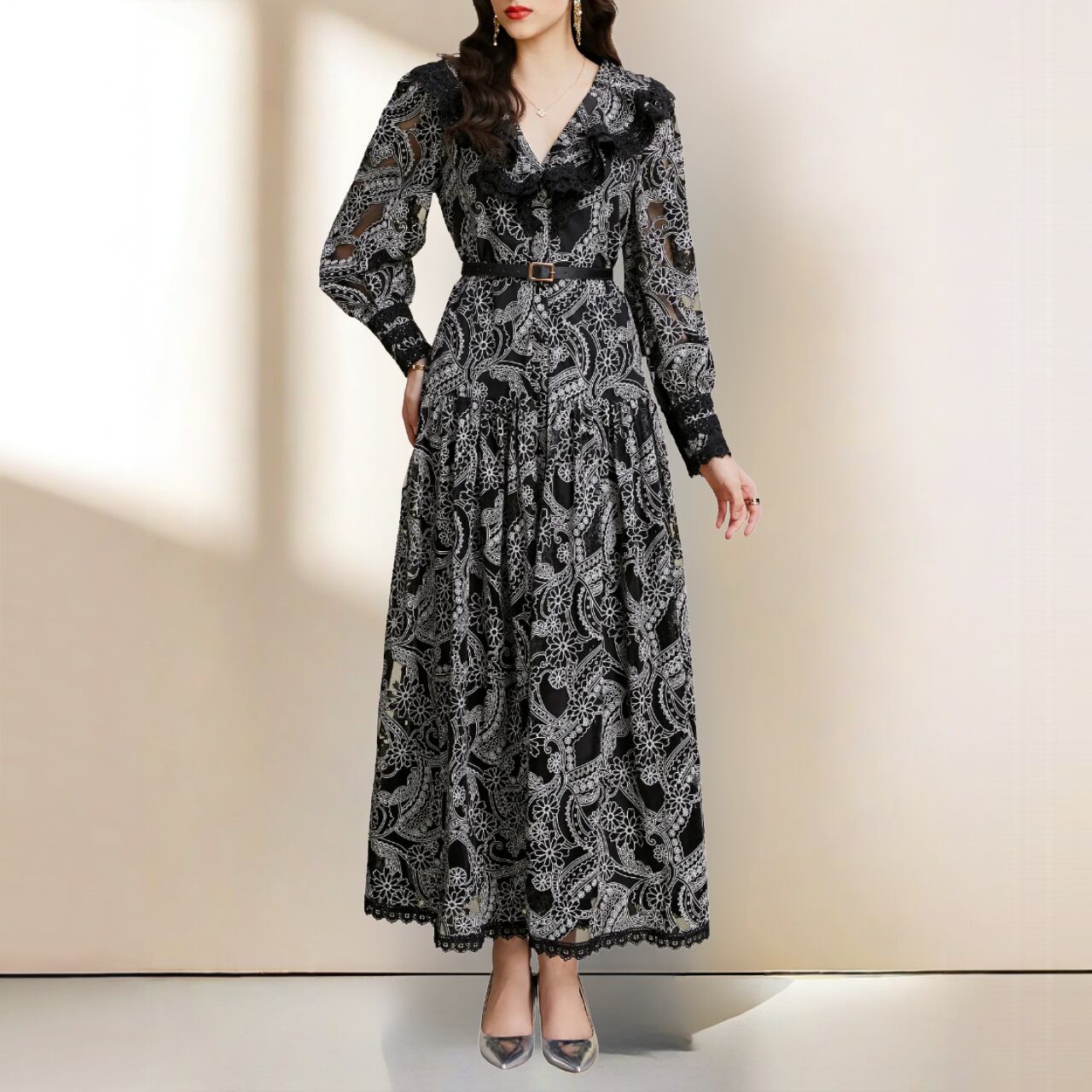 V-neck long shirt dress 00091