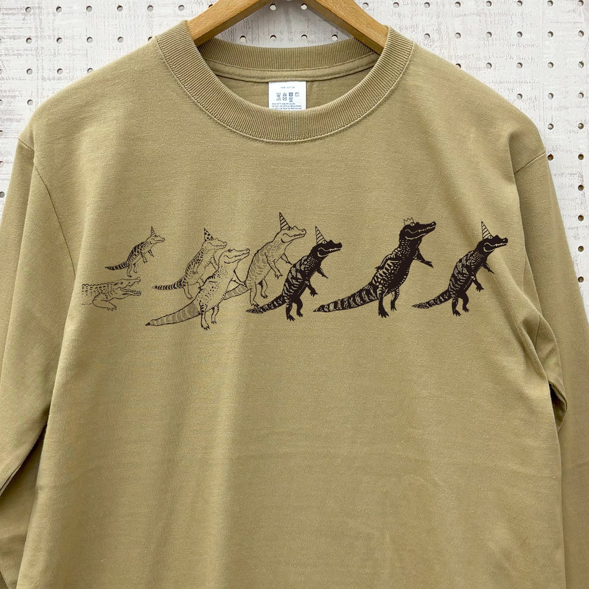 ワニ行進 長袖Tシャツ 3カラー ネイビー カーキ 杢グレー メンズ