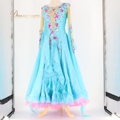 社交ダンス 衣装 スタンダードドレス ドレス ワンピース スタンダード 水色 ピンク フロート フリル レース デモ 競技 ダンス パーティ 発表会 ブルー系 ピンク系 光沢 明るい 鮮やか おしゃれ 伸縮性 競技用発表会用 コスチューム フォーマルパーティ