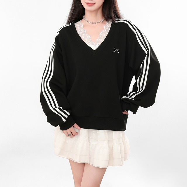 ribbon line v-neck sweat pullover m0897