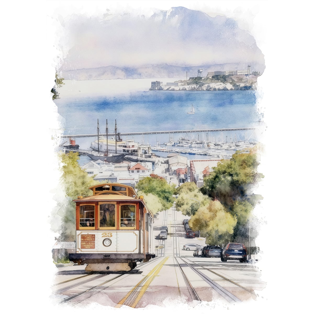 絵画 風景画(街並み) アメリカ サンフランシスコの路面電車 インテリア