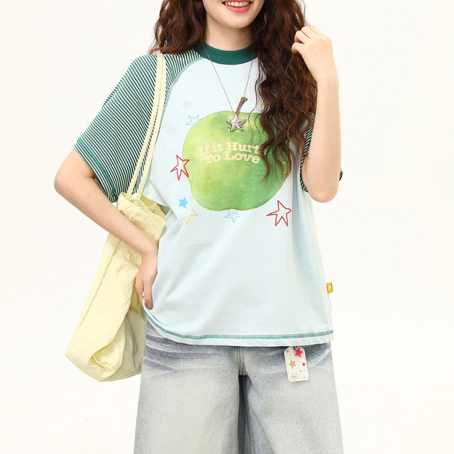 ボーダースリーブアップルグラフィックTシャツ 2col   R02491