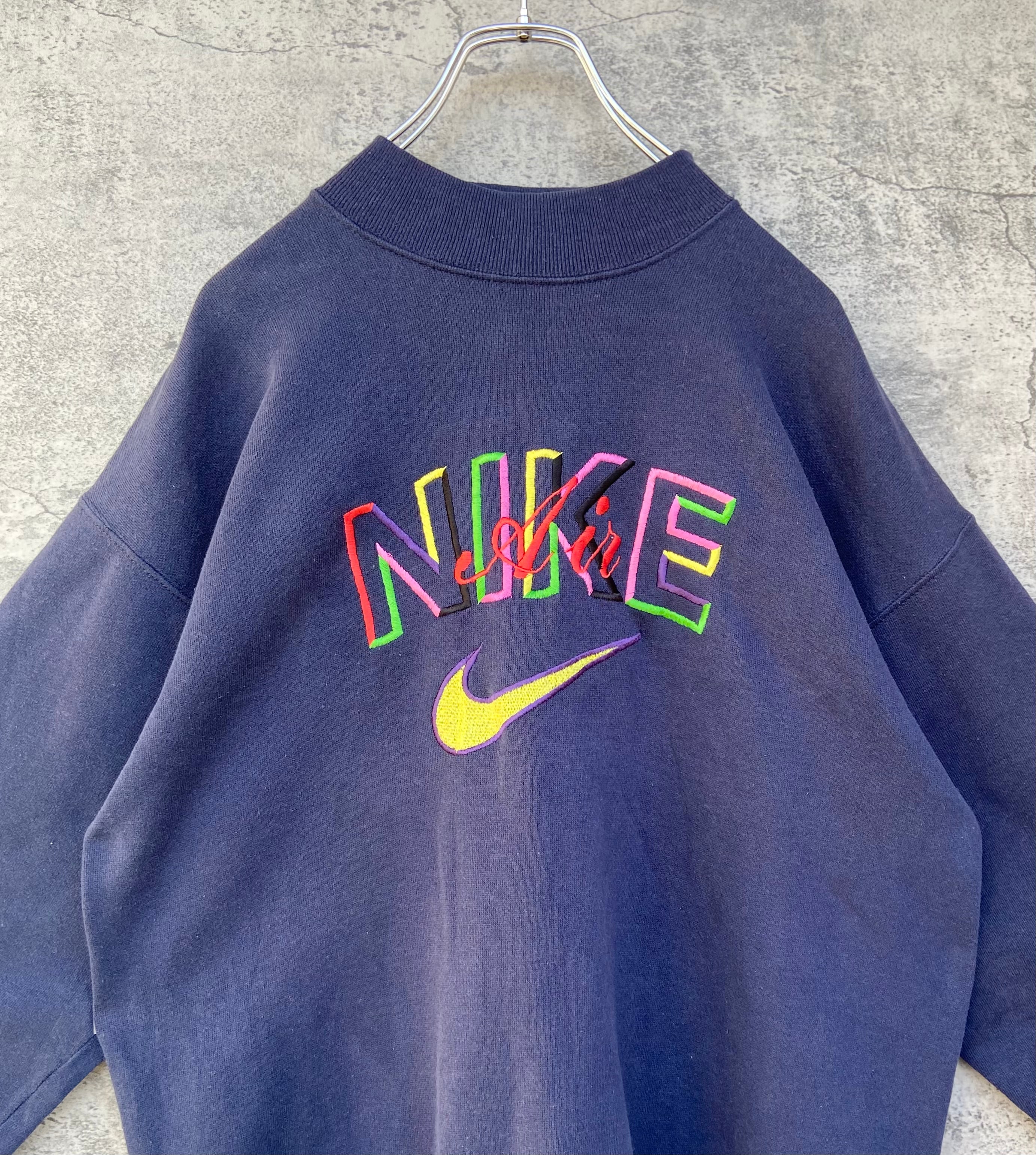 vintage USA製 90s NIKE ナイキ 刺繍 モックネック スウェット 紺