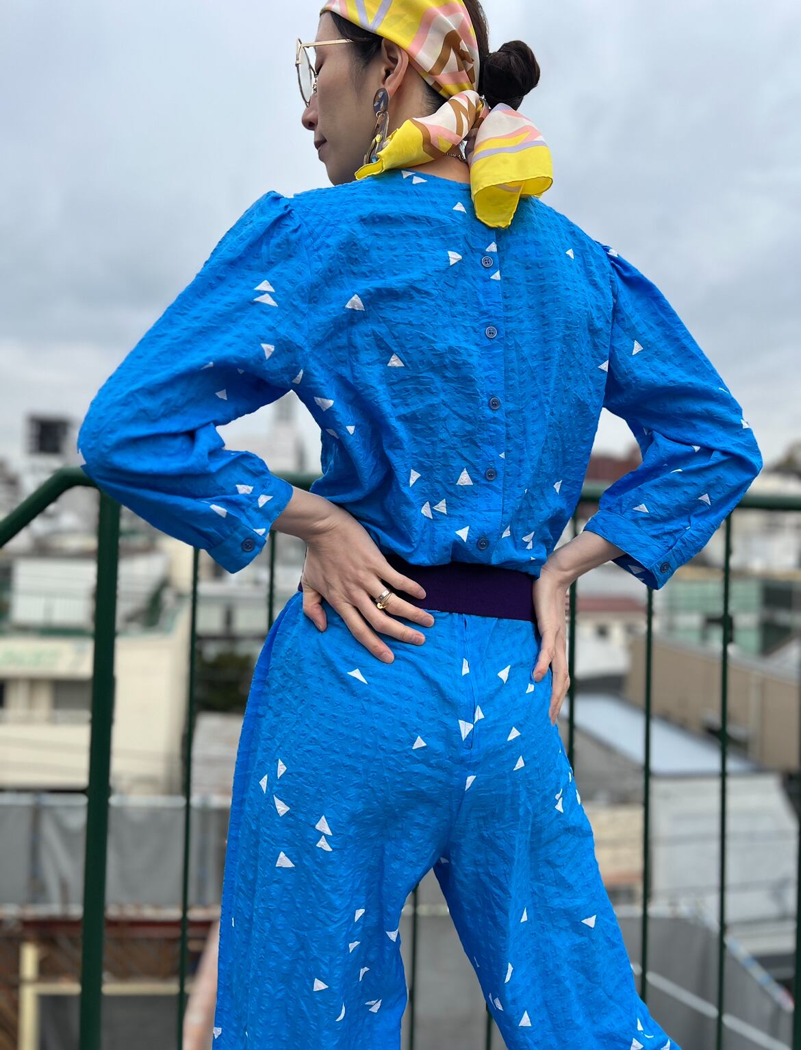 80s blue × white triangle poly jumpsuits ( ヴィンテージ ブルー