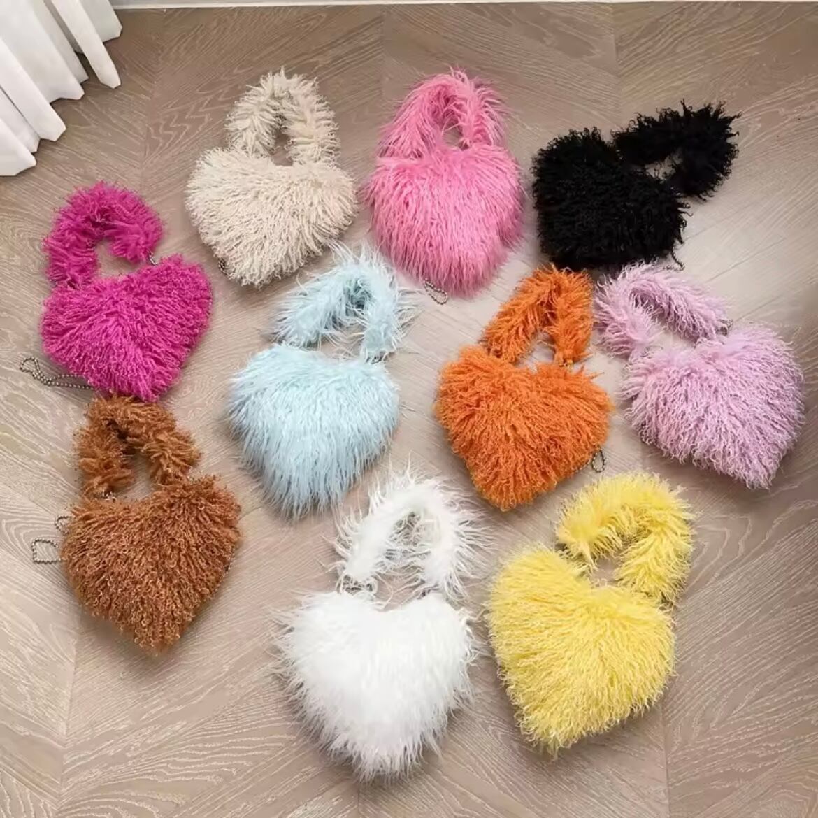 curly fur heart bag