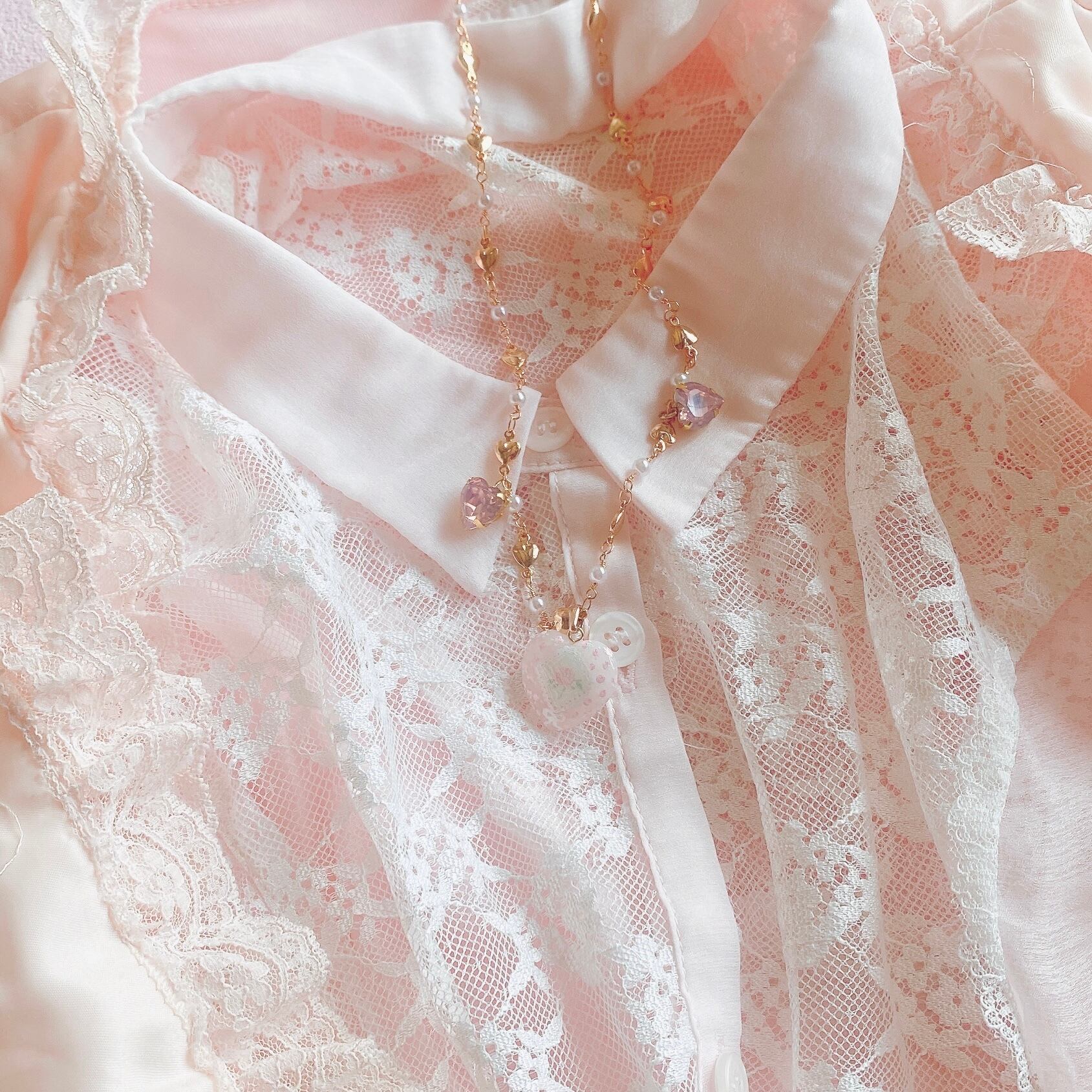 Hand painted heart stone neckless ペイントハンカチ柄ネックレス(BLUE)