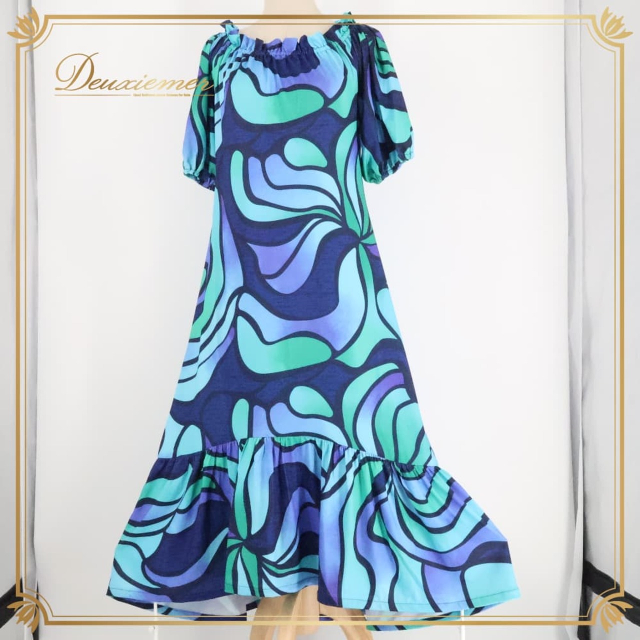 フラダンス 衣装 Ocean Blue Bird オーシャンブルーバード ワンピース ドレス ブルー系 アシンメトリー シンプル 爽やか かわいい 華やか 鮮やか 明るい 青 緑 紺 ハワイアン アロハ ハワイアンプリント フラ ダンス レッスン 練習