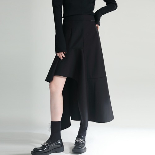 ロングスカート レディース スカート ボトムス フリル アシンメトリー 個性的 黒 ブラック 無地 スリット ハイウエスト カジュアル お出かけ おしゃれ きれいめ ロング丈 Ａラインスカート 女性