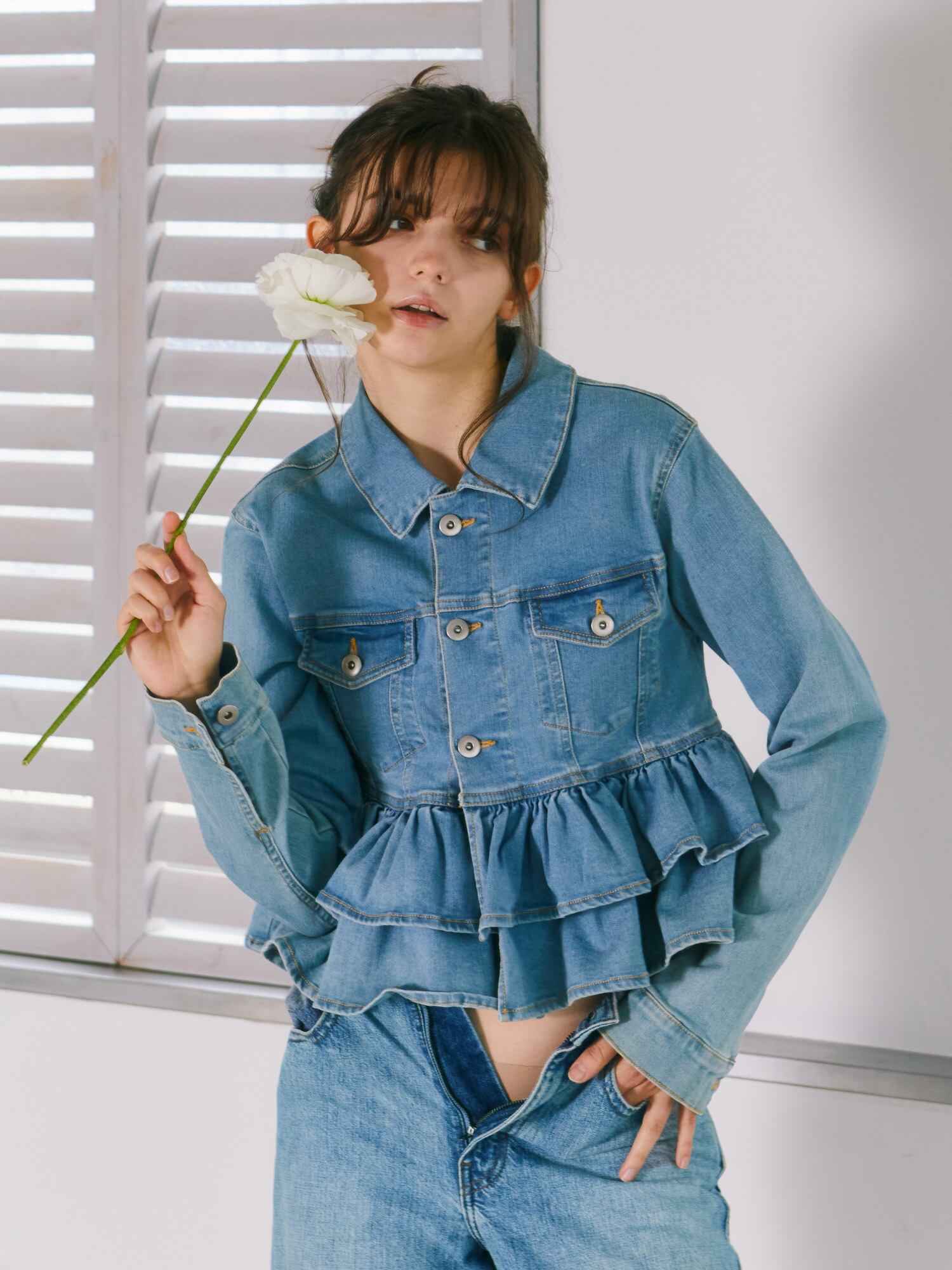 microwaveフリル付きデニムジャケットライトブルー mieya frill denim JK -light blue- | mieya mieya