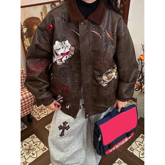 ✿猫刺繍裏起毛PUジャケット！【WESVGMシリーズ】★コート★ ユニセックス 冬用コート アウター メンズ 裏起毛 ジャケット