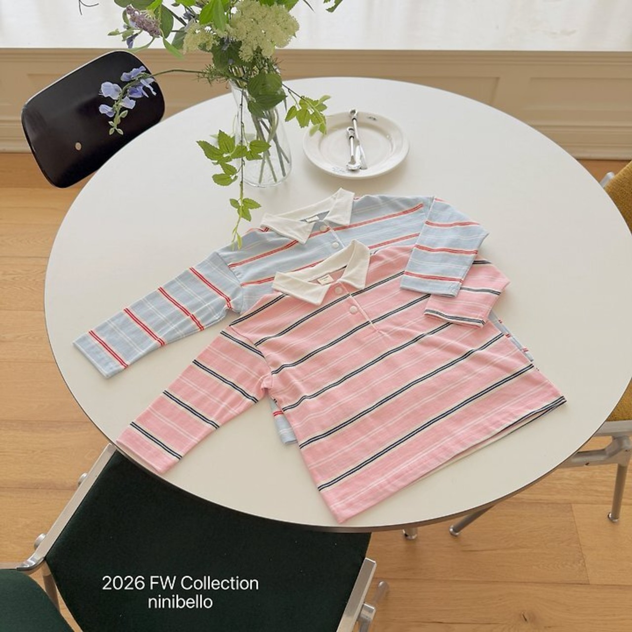韓国子供服 / ninibello / Milky Stripe Collar T-shirt / 長袖Ｔシャツ *アダルト*