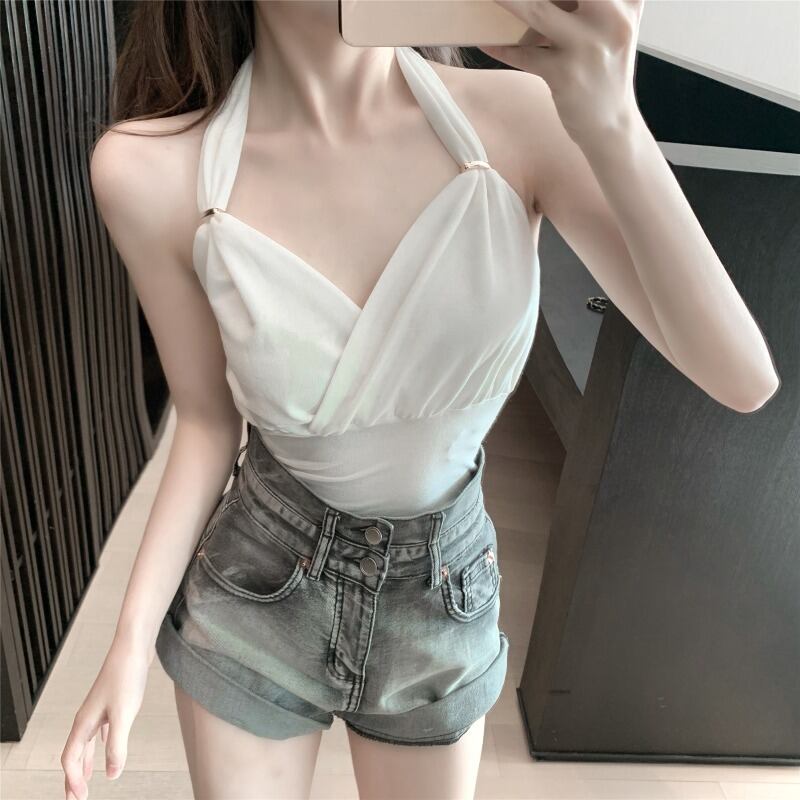 ハンギングネックホワイトノースリーブスモールサスペンダーレディース夏2020新しいスタイルのセクシーなベストショートトップとアウター ブラックストロベリース9839654547