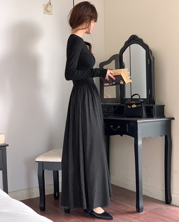 異素材MIX 長袖 ロング ワンピース フレアワンピース ワンピドレス