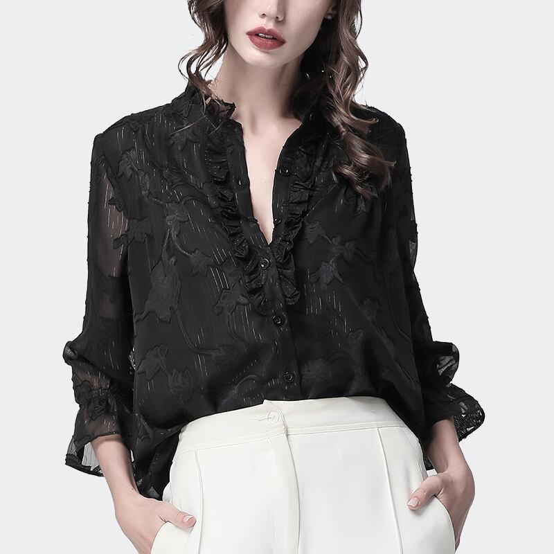 サブカル 服 地雷系 通販 欧米系レディース フリル ブラウス Vネック 花柄シフォン ネックギャザー 透け感 フェミニン 大人きれいめ 20代 30代