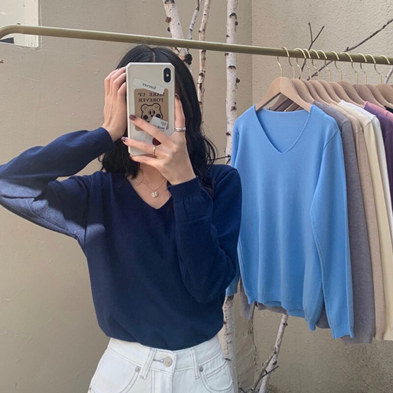 シャツ レディーススプリングオータムスタイルVネックセーター トップス ロング 春物 秋物 試着室75532740407