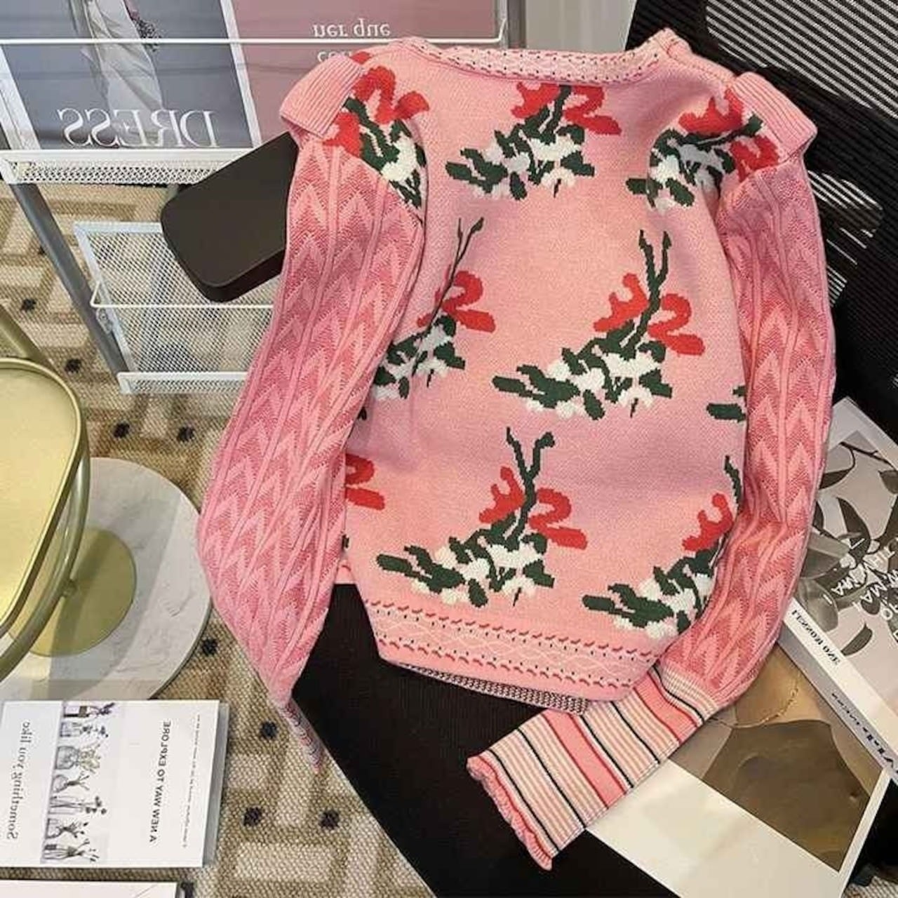 送料無料 ◇ D1773 猫 刺繍 パール ビジュー チェックリボン ボーダー