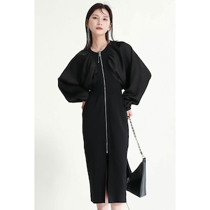 Gathered Sleeve Zipper Tight Onepiece