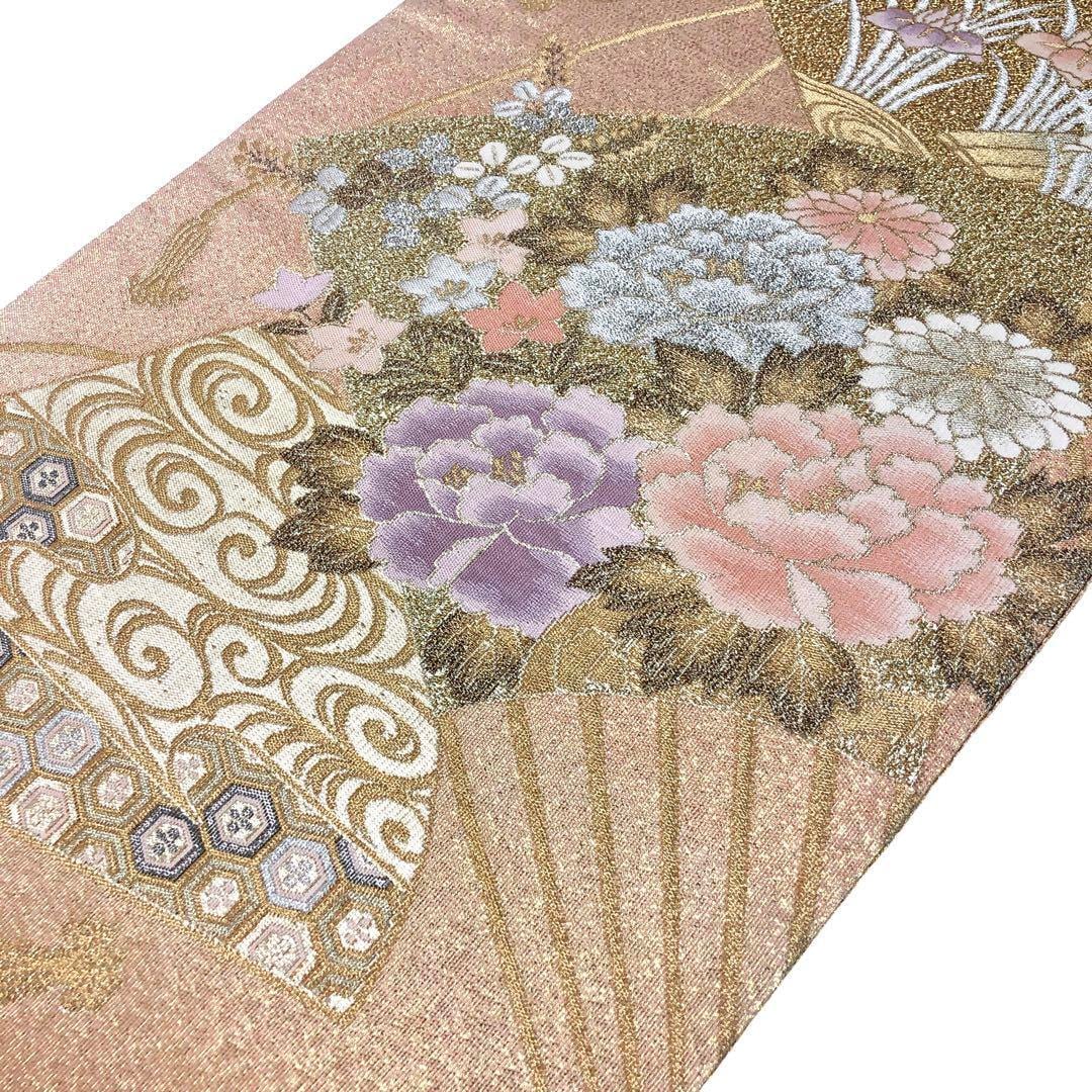 O-2820 袋帯 明綴 プラチナ箔 美しい花模様 牡丹 桔梗 萩 扇 | リユース着物専門店 わびさび