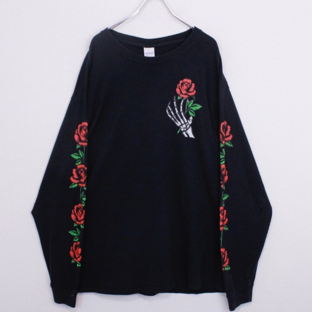 【Caka act2】Bone × Rose Print Design Vintage Loose L/S T-Shirt