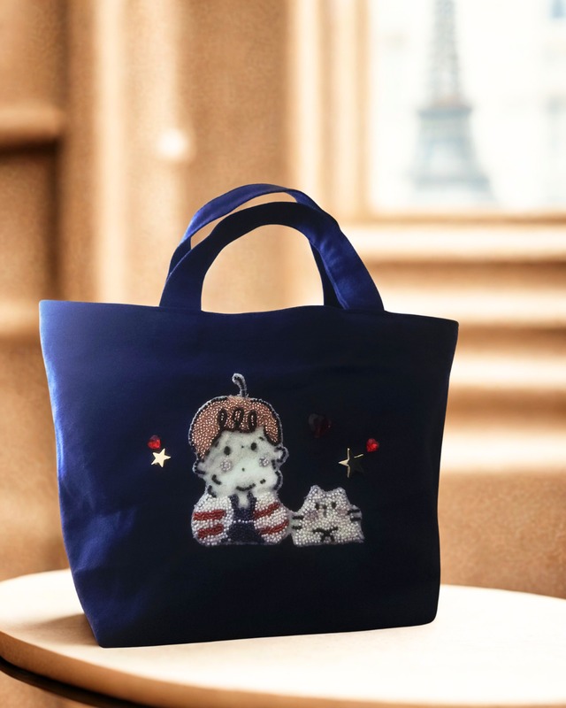 ♡ビーズ刺繍トートバッグ♡ ネイビー