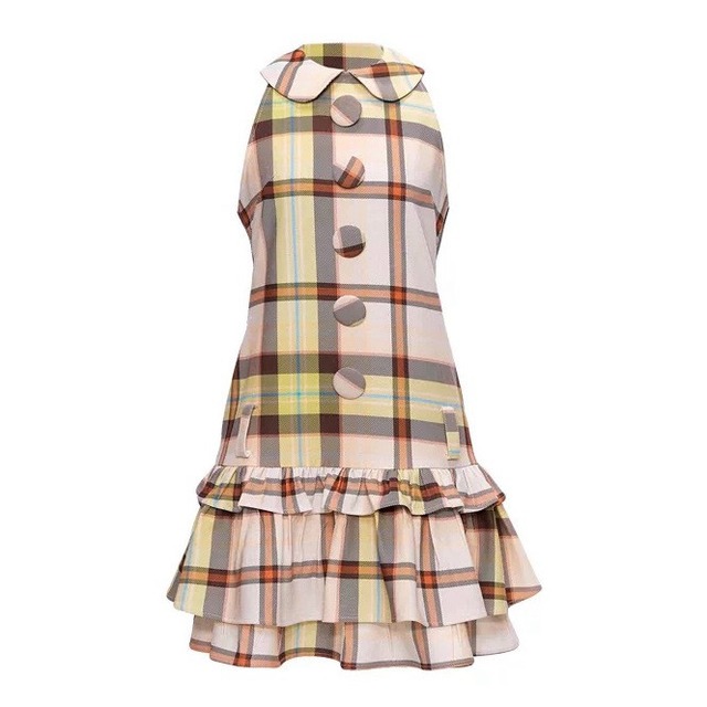 [YOSHUYUKI] Yellow White Plaid Shoulder Dress