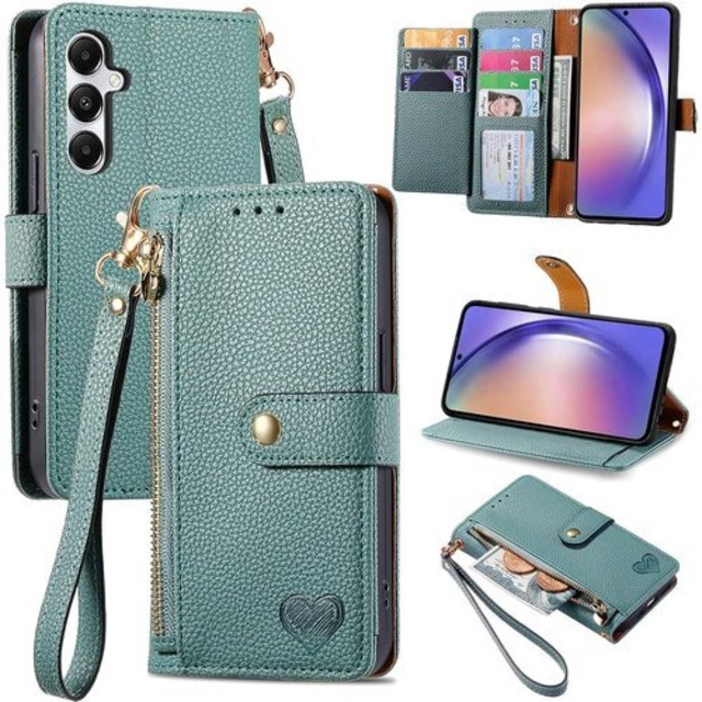 に適用するGalaxy A55 5G ケース 手帳型 ノートブック型ビジネスフォンケース Rfid携帯保護カバー強い吸引力ノートブック型多機能ホルスター財布ホルダーバンプパターンテクスチャ耐久性摩擦耐性 グリーン 3596