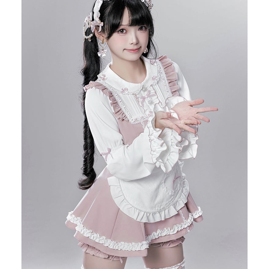 地雷系 メイド風トップス×パンツ3点セット エプロン付き | ゴスロリ