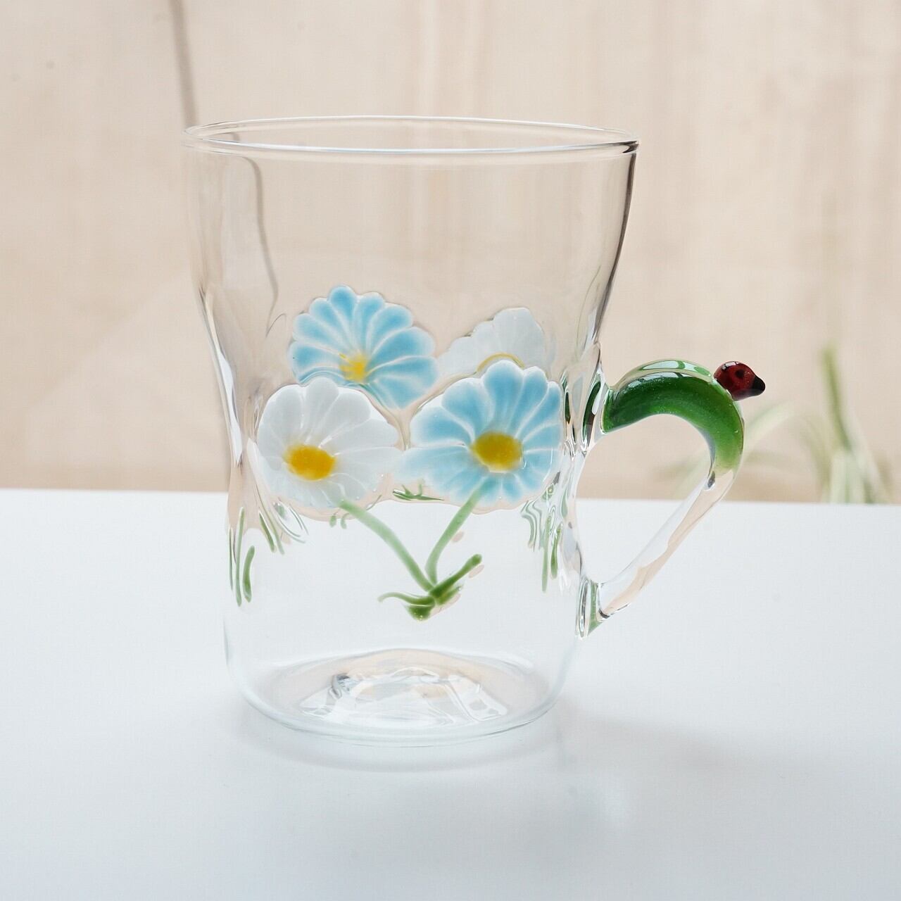 【竹川久仁子】耐熱ガラス 花マグカップ ブルー T-3-D