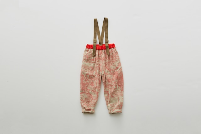 【22AW】eLfinFolk(エルフィンフォルク)Castle town print suspenders pants salmon pink（90/100/110/120/130)　サスペンダー　パンツ