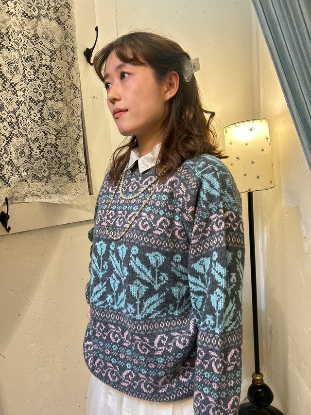 80’s gray × pink × blue pastel sweater 【dead stock】