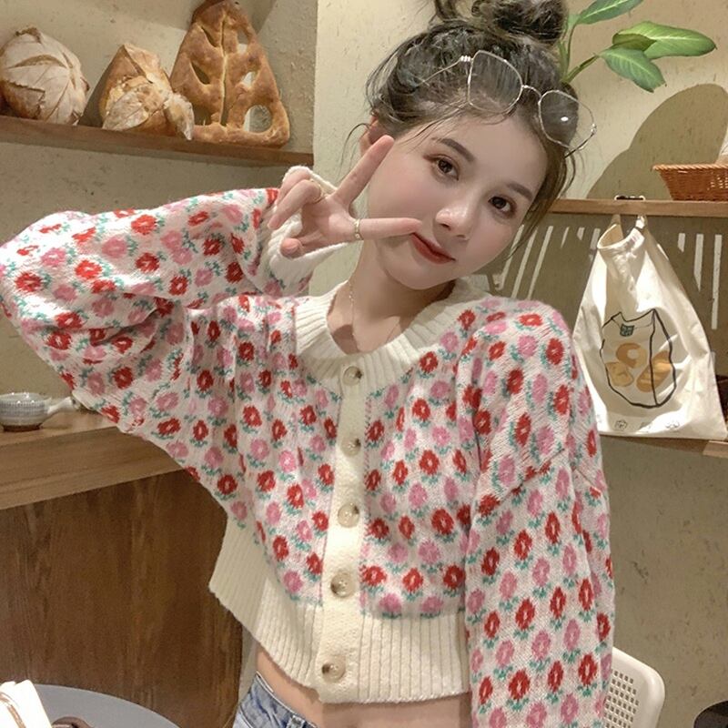 ショートセーター コート カーディガンスプリングオータムスタンダードルーズ レトロ 春物 秋物 試着室89242257429