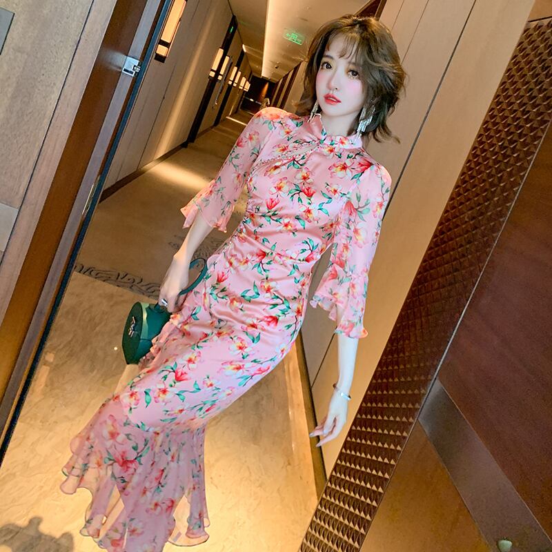 カラースリーブプリント柄ドレス サマースタイル 夏物 シルク MIUCO48594518565