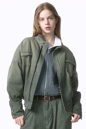 【Nora Lily】「elle」Bleached Hickory Stand Collar Blouson-Black Hickory