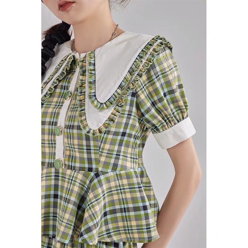 sheller シェリエ 緑とネイビーのチェック柄 セットアップ 美品