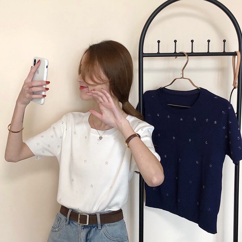 Tシャツ サマー薄手スタイルセーター ルーズホワイトトップス 夏物 クレセントシティ26138702108