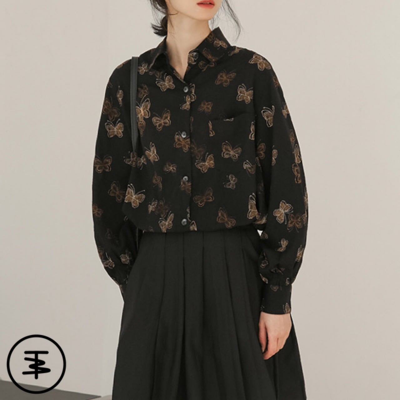 バタフライ柄 黒 】butterfly pattern long sleeve black shirt / 蝶柄 ...