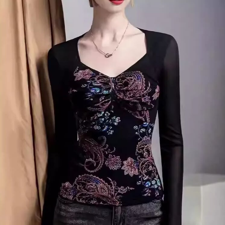 エレガント スクエアネック フラワープリント スリムフィット ds1076