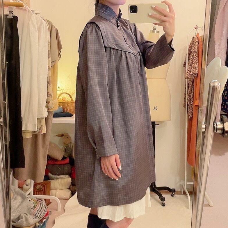 blue gray check long blouse