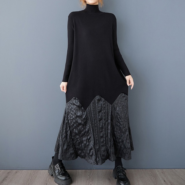 ハイネック異素材切り替えロングワンピース10903