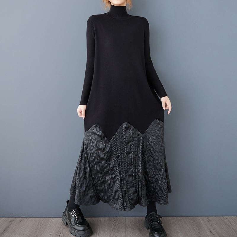 ハイネック異素材切り替えロングワンピース10903