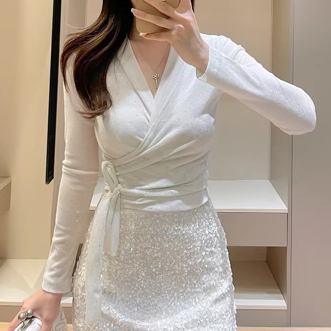 Long-sleeve Wrap Cropped Top(2color) V2315