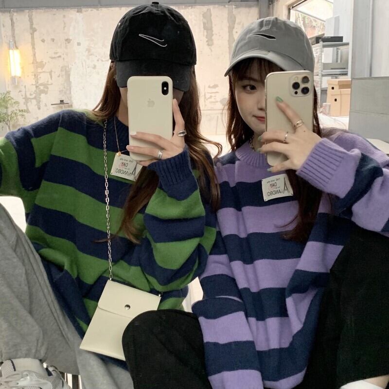 スタイルストライププルオーバー ニットセーター オータムルーズ薄手コート トップス 秋物 モンロー49935537497