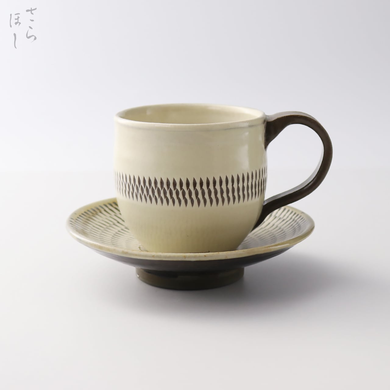 小鹿田焼 小袋窯【コーヒーカップ＆ソーサーセット】飛びかんな 赤青