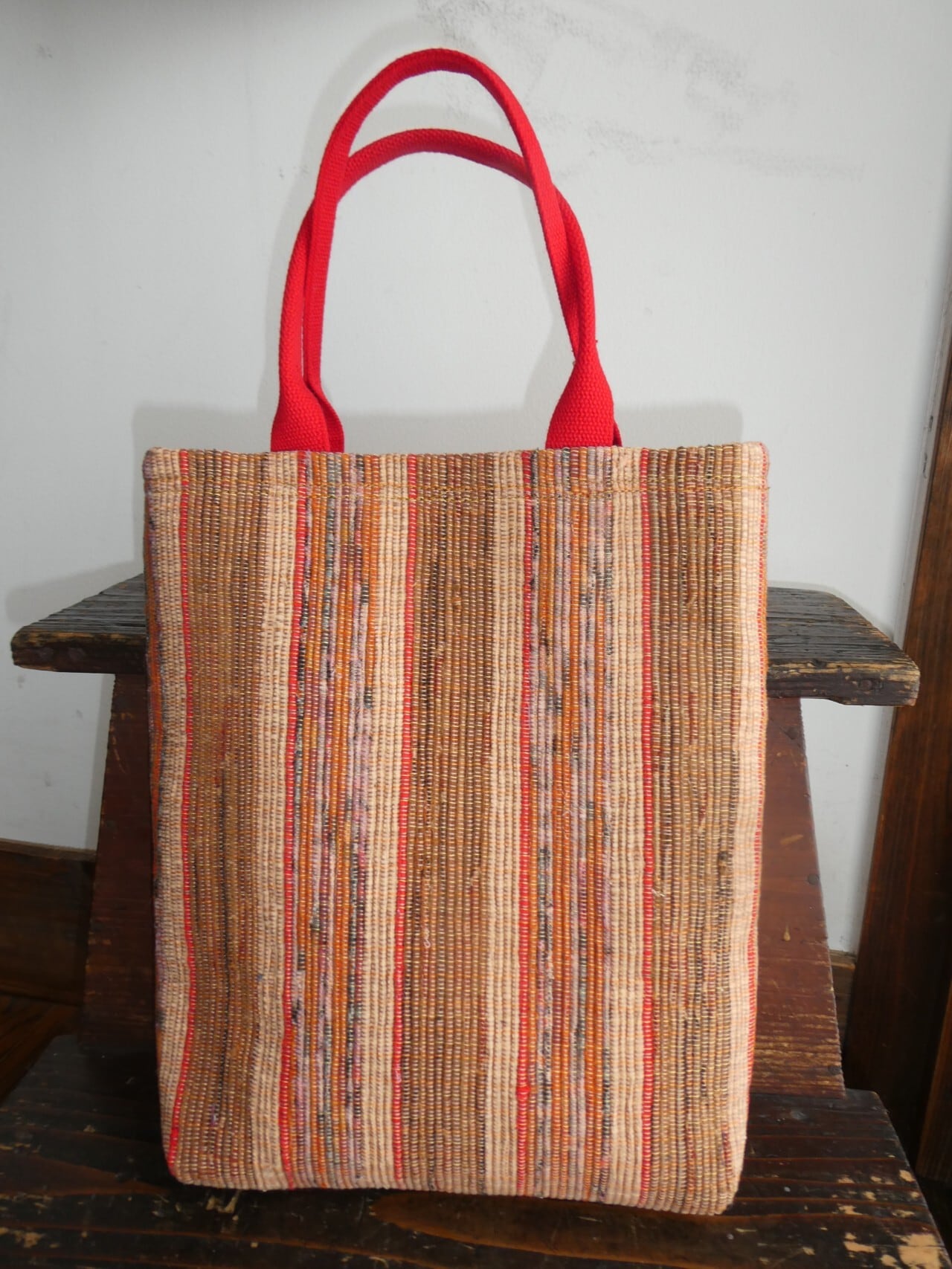 赤い持ち手のトートバッグ(臙脂縞)