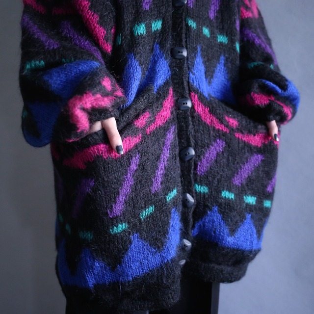 "mohair" psychedelic geometry pattern over size knit jacket coat