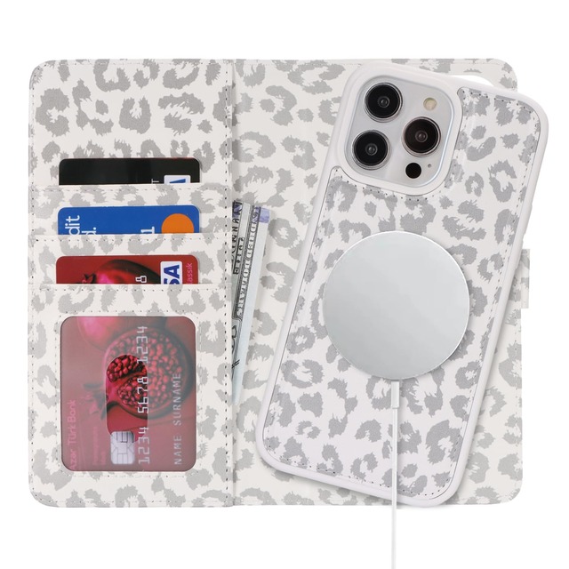 Havaya いphone14Pro Max ケース Magsafe 対応 iPhone 14 Pro Max ケース 手帳型-ホワイト (ヒョウ柄)